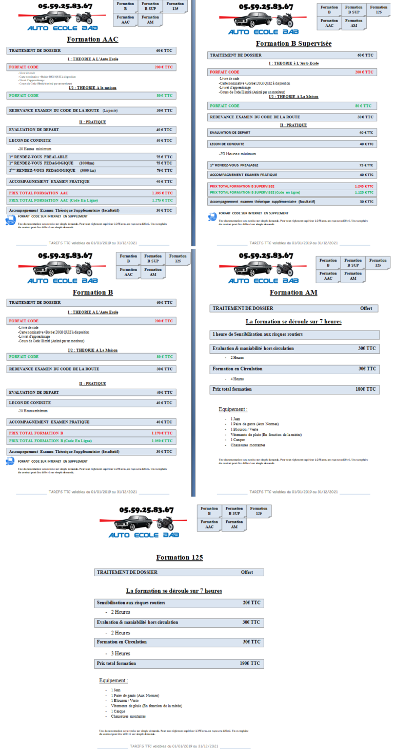 Formations et Tarifs Auto Ecole BAB à Anglet